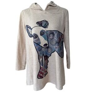 Ali Miles Womens Small Beige Artistic Dog Cat Cowl Neck Tunic Top Artsy Eclectic